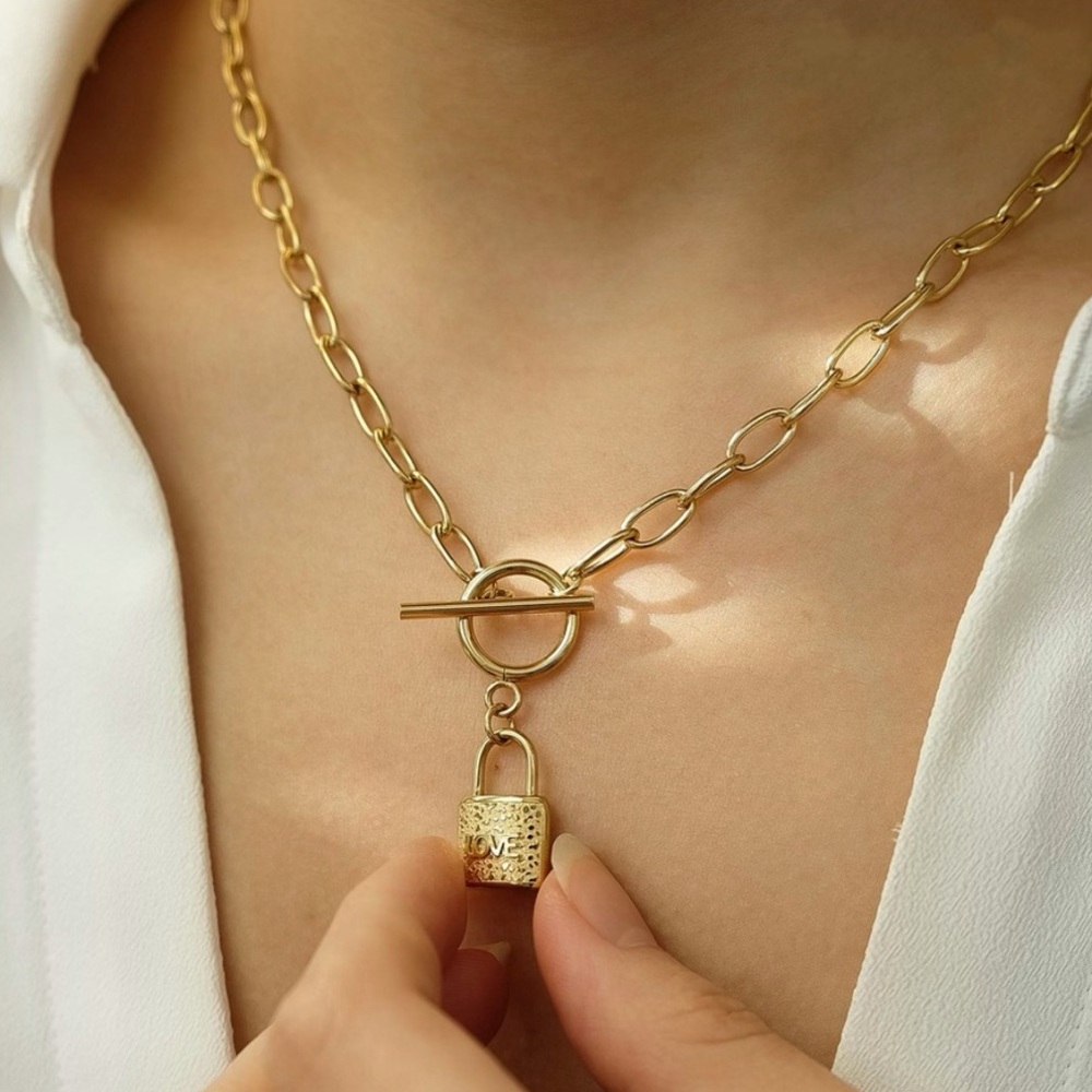 Love Lock Toggle Link Chain Necklace | Gold Plated Stainless Steel Necklace - Picture 3 of 4